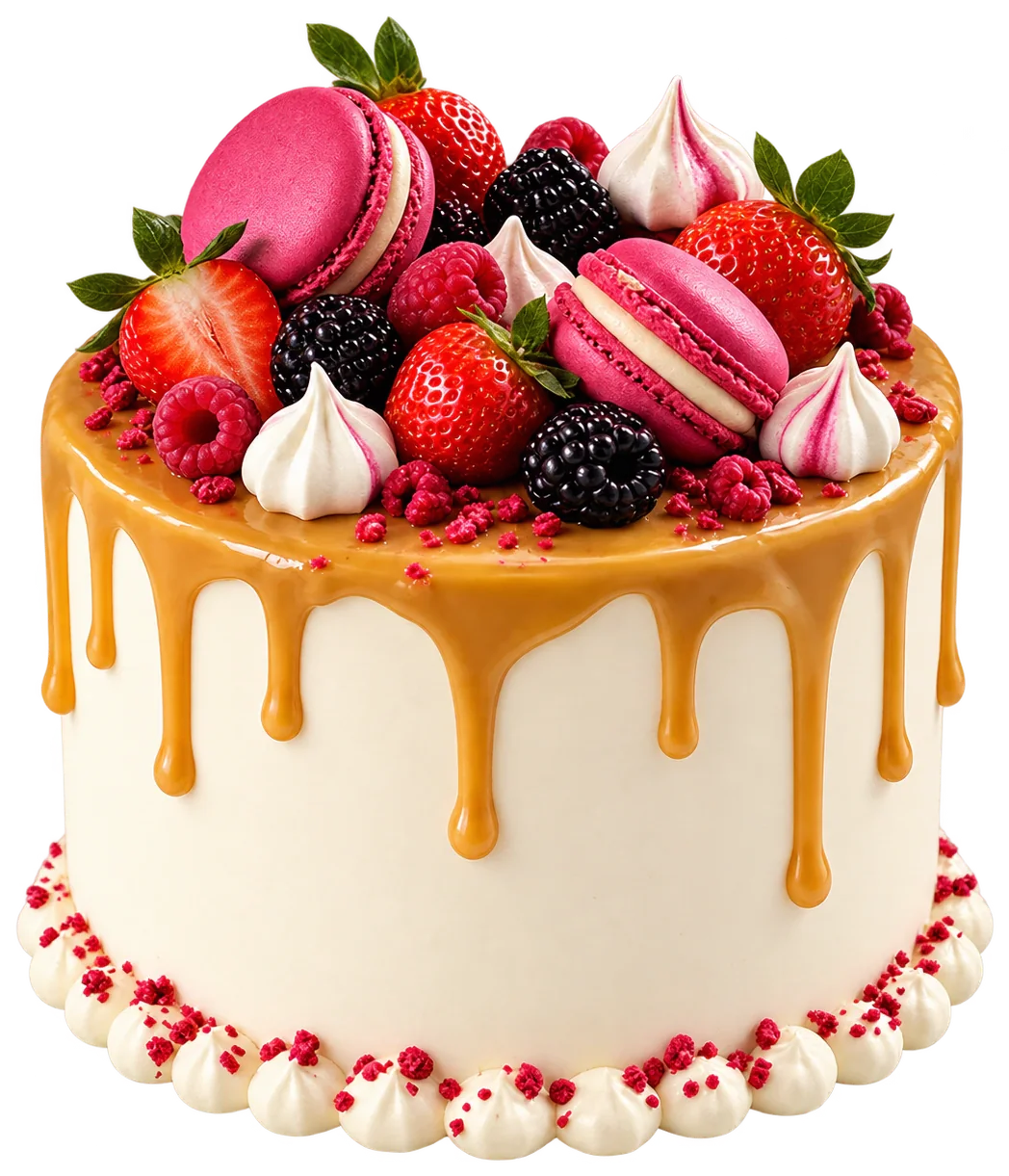 Torta con glassa al caramello, macaron e frutti rossi