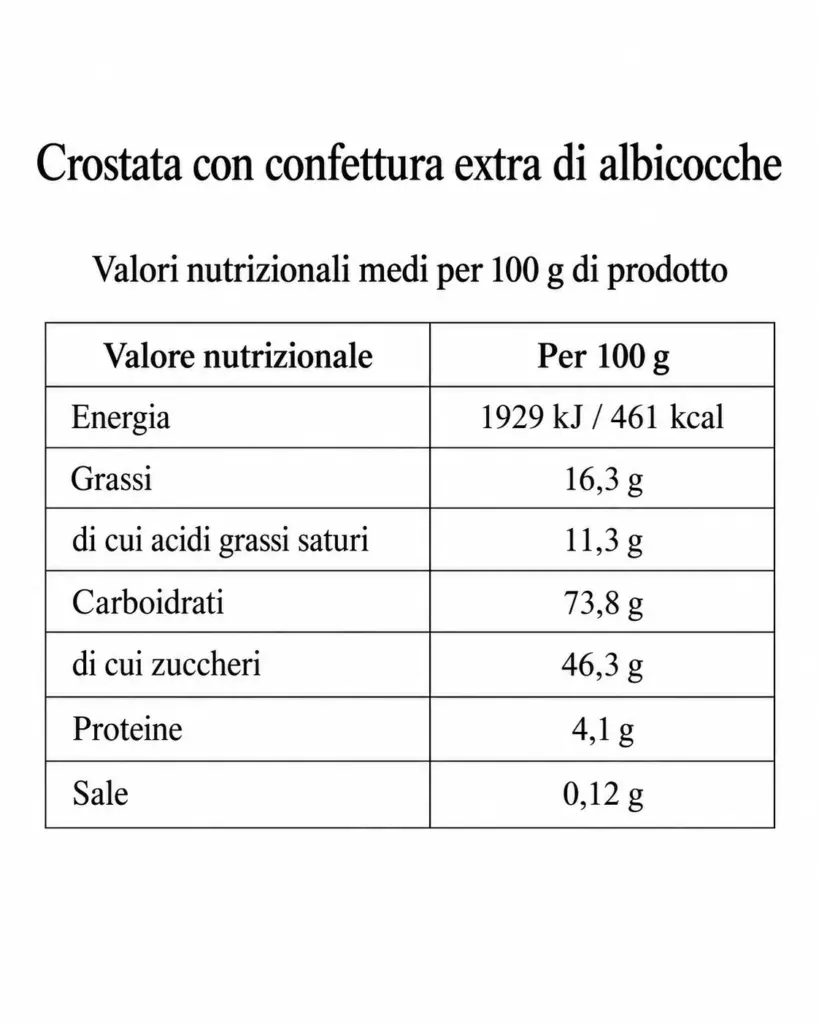 Tabella dei valori nutrizionali: Crostata artigianale con confettura extra di albicocche